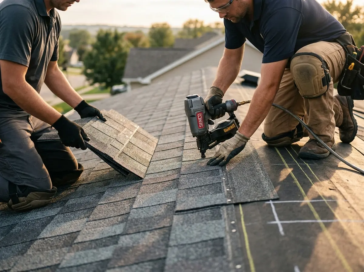 Professional roofer working on a residential roof in Naperville